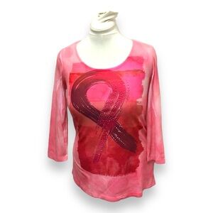 One World Women’s 3/4 Sleeve Scoop Neck Breast Cancer Awareness Top, Pink